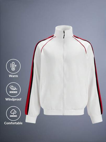 Driftmere Men's Casual Fashionable Loose Fit Jacket With Side Stripe Design, Comfortable Soft Breathable Stand Collar Jacket For Spring & Autumn