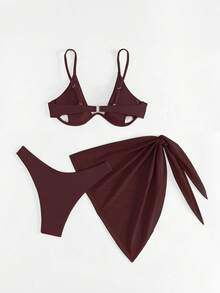 Swim Basics Bộ đồ bơi bikini dây mảnh đơn giản cổ yếm màu trơn dành cho nữ kèm chân váy sarong, đi biển mùa hè - Màu Đỏ Sâu - Xem 2