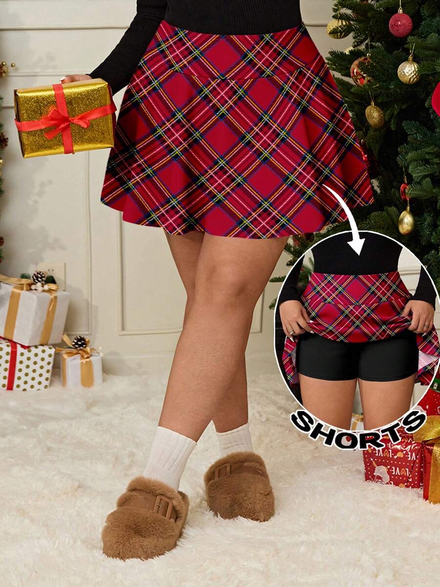 Solflare 大码女式新年主题红色格子印花迷你裙/短裤，内置短裤和口袋，非常适合新年派对、情人节和除夕夜的装扮。 - 白色 - 查看 1