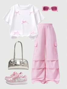 Conjunto de camiseta de manga corta con decoración de lazo y pantalones de pierna ancha para niña preadolescente - Rosa - Ver 2