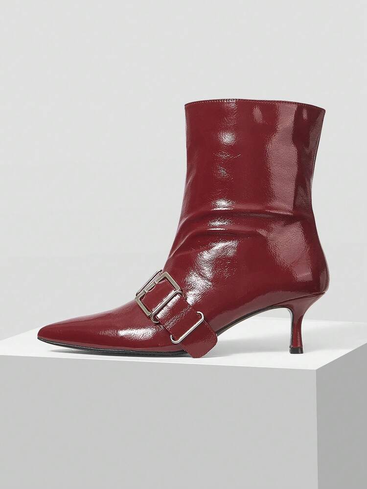 SHORT ANKLE BOOTS FOR WOMEN, POINTED TOE, SLIM HIGH HEEL, STRAIGHT SHAFT , BUCKLE DETAIL