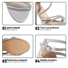 WEIDE Sandalias de Tacón Grueso con Brillantes para Mujer, Diseño Elegante con Plataforma, Material Glitter, Ideales para Vestidos de Noche, Fiestas, Bodas y Eventos de Gala - Plateado - Ver 6