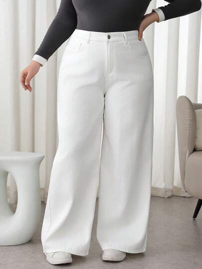 SHEIN Tall CURVE Plus Size Women Casual Loose Pockets Denim Jeans Women High Waisted Wide Leg Pants Solid White Relaxed Fit Full Length Casual Trousers For Everyday Wear Casual & Commuting French Casual Winter Spring Christmas New Year Thanksgiving Commuting Vacation Graduation Chic Y2k Cute Streetwear Party Wedding Elegant Business Casual Woman Minimalist Trousers