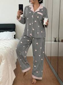 SHEIN 加大码撞色领荷叶边爱心条纹长袖睡衣套装 - 黑與白 - 查看 5