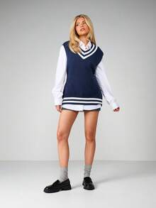 MISSGUIDED Preppy Navy V-Neck Sleeveless Knitted Sweater Vest Dress With White Stripe Details Layering Mini Fall Winter Academia Style - Blue and White - View 4