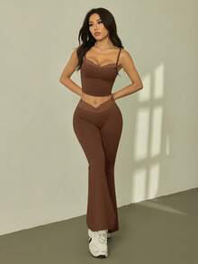 SHEIN PETITE Summer Black Lace Splicing Suspenders + Bell Bottoms Women's Slim Two Pieces Set Brown 2 Piece Set Brown Two Piece Set Club Two Piece Set Brown Bodysuit Mesh Two Piece Set Brown Bell Bottom Set Brown Lace Trim Set Brown Lace Two Piece Brown Crop Top And Pants Brown Club Set Brown Matching Set Laced Two Piece Set Brown Top And Pants Set - Brown - View 6