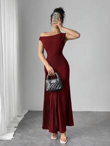 Modelyn Vestido largo ajustado con cuello asimétrico de unicolor para mujer - Burdeos - Ver 6