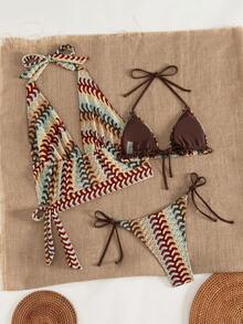 Swim SXY 3pcs Women's Swimsuit Set, Spaghetti Strap Tankini Tankini With Beaded Straps, Backless Tie Side Design, Retro Vacation Style Suitable For Swimming, Beach, Pool Party - Multicolor - View 7