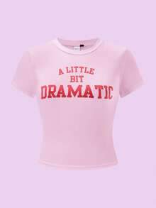 Mean Girls | SHEIN Women's Fashionable Letter Graphic Fitted Short Sleeve T-Shirt, Summer - Pink - View 4