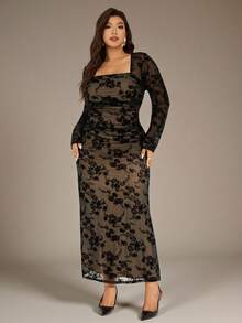 Auralis Váy maxi ren dài tay dáng ôm dáng ôm sát, chất liệu nhung jacquard mới cho mùa thu/đông dành cho nữ, dáng suông, lưới cắt xẻ lãng mạn, thích hợp cho kỳ nghỉ/đầm ôm sát, dáng xòe cỡ lớn, màu đen và đỏ, trang trọng, thanh lịch, màu tối - Nhiều màu - Xem 5