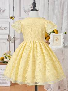 女童甜美蕾丝边A字连衣裙，春夏款，飘逸袖子设计，柔软可爱，适合家庭聚会和户外活动 - 黃色 - 查看 3