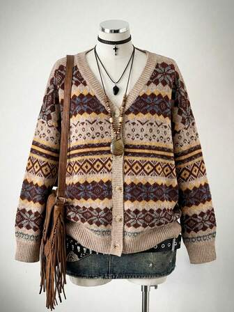 ROMWE Avant Suéter de Cardigan de Estilo Vintage Retro con Patrón Geométrico de Diamantes de Moda para Tallas Grandes, Chaqueta de Suéter de Manga Larga para Mujer de Talla Grande para Otoño/Invierno, Suéter Casual de Vacaciones Navideñas, Suéter Retro Vintage Tono Terroso Marrón