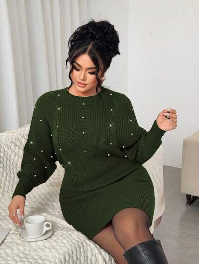 Elenzga Women's Elegant Loose Beaded Long Sleeve Plus Size Sweater Dress, Suitable For Dates And Nights Out, Autumn/Winter