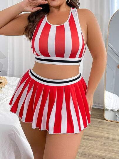 Fantasy Costume Bộ đồ lót 3 món sọc kẻ tương phản cỡ lớn và chân váy ngắn