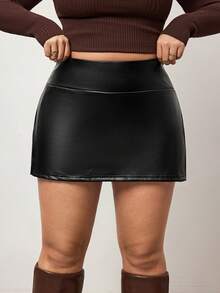 Enliva 大码女式纯色PU皮革短裙裤 - 黑色 - 查看 7