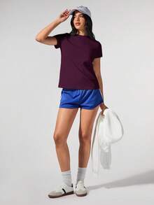 Menodora SHEIN Sport Áo thun nữ cổ tròn dệt kim màu trơn dáng rộng thoải mái - Màu tím - Xem 6