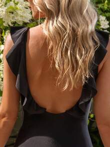 SHEIN Swim Summer Beach Ruffle Trim Ruched One Piece Swimsuit - Black - View 5