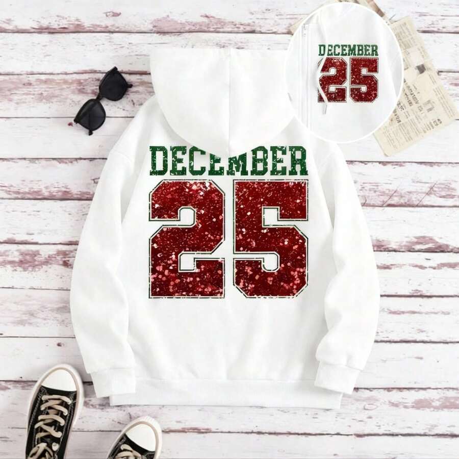 Sudadera con capucha y cremallera para mujer, cálida y suave, hecha en México, con estampado navideño. - Blanco - Ver 1