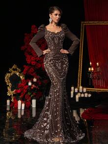 Glamrae 优雅奢华蕾丝拼接仿珍珠花卉美人鱼连衣裙，针织缎面面料，适合婚礼、派对、度假、舞会礼服（重工装饰）、情人节 - 棕色 - 查看 4