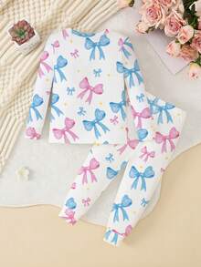 Bộ 2 món/Bộ áo thun dài tay cổ tròn và quần dài cho bé gái, họa tiết bướm, vải dệt kim, bộ đồ ngủ co giãn thoải mái vừa vặn - Nhiều màu - Xem 2