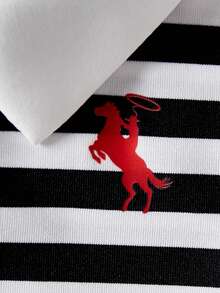 SHEIN Elladie kids Casuvi 儿童两件套 - 黑白条纹针织短袖 Polo 领 T 恤 + 针织阔腿裤，美式休闲复古风，适合春夏日常休闲穿着 - 黑與白 - 查看 7
