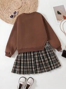 SHEIN Emery Rose Kids 少女撞色长袖休闲连衣裙，可作校服或卫衣裙，适合秋冬季穿着 - 棕色 - 查看 2