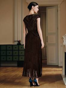 Anewsta Women's Popular Bohemian Style High-End Banquet Patchwork Tassel Beaded Dress - Coffee - View 2