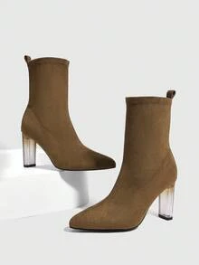 CUCCOO SZL Women's Pointed Toe Fashionable Versatile High Heel Mid-Calf Boots For Christmas - Khaki - View 4