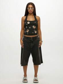 SUMWON 加大码露背吊带背心，金属孔眼装饰，无袖夏季露脐上衣，带孔眼，适合休闲、节日、街头、俱乐部等场合穿着 - 黑色 - 查看 3