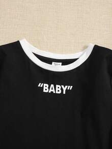 SHEIN Chicas adolescentes Vestido con estampado de letra ribete en contraste - Negro - Ver 4