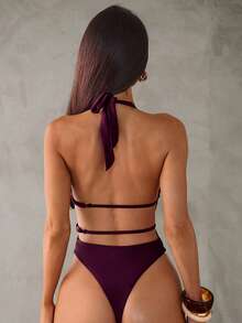 Aloruh 1件装女士新款纯色紫红色深V性感串珠装饰波西米亚优雅连体泳衣 - 紫紅色 - 查看 3