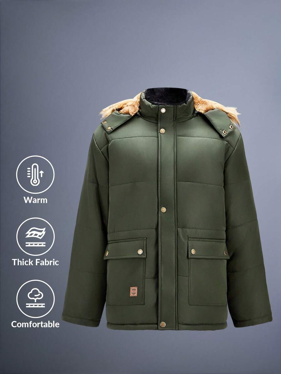 Driftmere 男士冬季加厚外套，保暖内衬，加厚加厚外套，带毛领和连帽拉链 - 綠色 - 查看 1