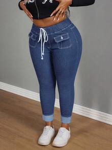 Slaydiva Quần jean bó cạp chun màu xanh kiểu cowgirl cỡ lớn cho nữ, trang phục rodeo - Rửa trung bình - Xem 3