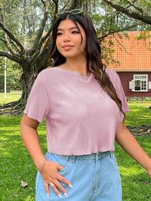 SHEIN EZwear Áo thun tay ngắn họa tiết gân màu hồng cỡ lớn, thường ngày, đa năng - Hồng - Xem 6