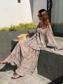 DAZY 2pcs Women's Floral Print Loose V-Neck Ruffle Flare Sleeve Shirt And Long Skirt Elegant Vacation Set, Spring/Autumn - Khaki - View 6