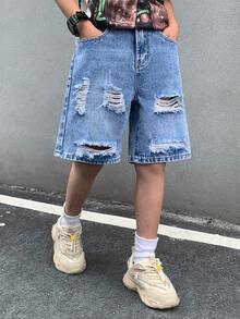 SHEIN 青少年男孩时尚休闲复古酷炫街头镂空破洞磨边宽松舒适清爽蓝色前开衩牛仔短裤，适合日常穿着以及春夏锐舞节和街头潮流。 - 藍色 - 查看 1