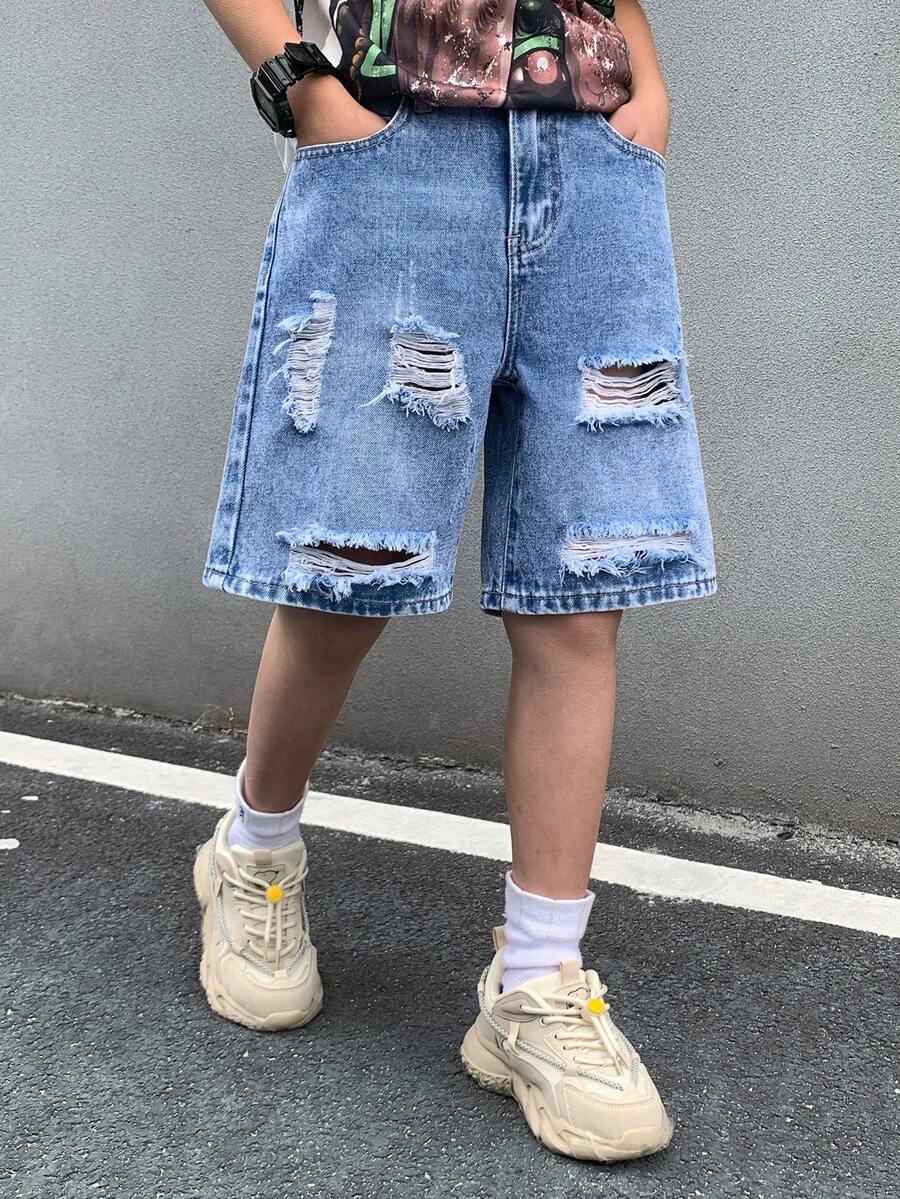 SHEIN 青少年男孩时尚休闲复古酷炫街头镂空破洞磨边宽松舒适清爽蓝色前开衩牛仔短裤，适合日常穿着以及春夏锐舞节和街头潮流。 - 藍色 - 查看 1
