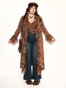ROMWE Plus Size Women Vintage Hippie Style Fringed Long Cardigan - Multicolor - View 4