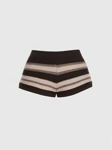 ROMWE Fairycore Plus Size Women Spring Casual Versatile Vacation Retro Striped Knit Shorts - Brown - View 3