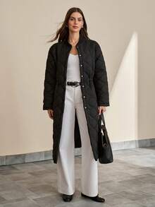 CLARA VERO Solid Color Front Button Warm Winter Long Sleeve Long Coat - Black - View 10
