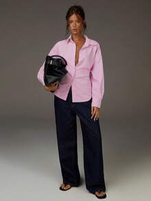 Athîral 女士休闲条纹印花宽松系带后腰衬衫，适合工作和通勤，春秋季 - 淺粉色 - 查看 3