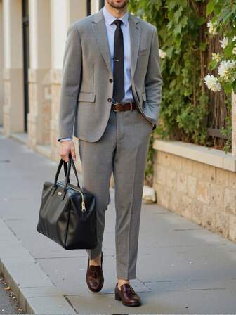 Manfinity Bizformal Men's Solid Color Lapel NeckSingle-Breasted Suit Jacket And Pants Business Outfit