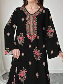Al Najma Vestido de mujer de manga larga con cuello en V negro, bajo acampanado, elegante y cómodo con estampado floral, estampado floral delicado, vestido conservador, material de poliéster, adecuado para el hogar, salidas, vacaciones, fiestas. Vestido, vestido fluido, vestido vintage, vestido de manga larga para mujer. Vestido con estampado botánico - Negro - Ver 7