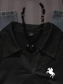 Attitoon Áo thun dài tay ve áo in hình ngựa thời trang thường ngày dành cho nữ - màu đen - Xem 3