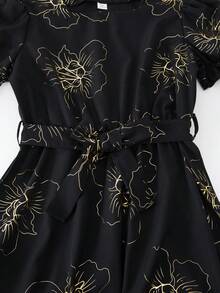 SHEIN ChillGRL 少女度假海滩乡村热带夏季树叶碎花方领泡泡袖腰带连衣裙