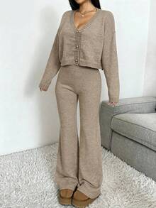 SHEIN EZwear 女士休闲驼色针织衫套装，适合秋冬季穿着 - 駝色 - 查看 7