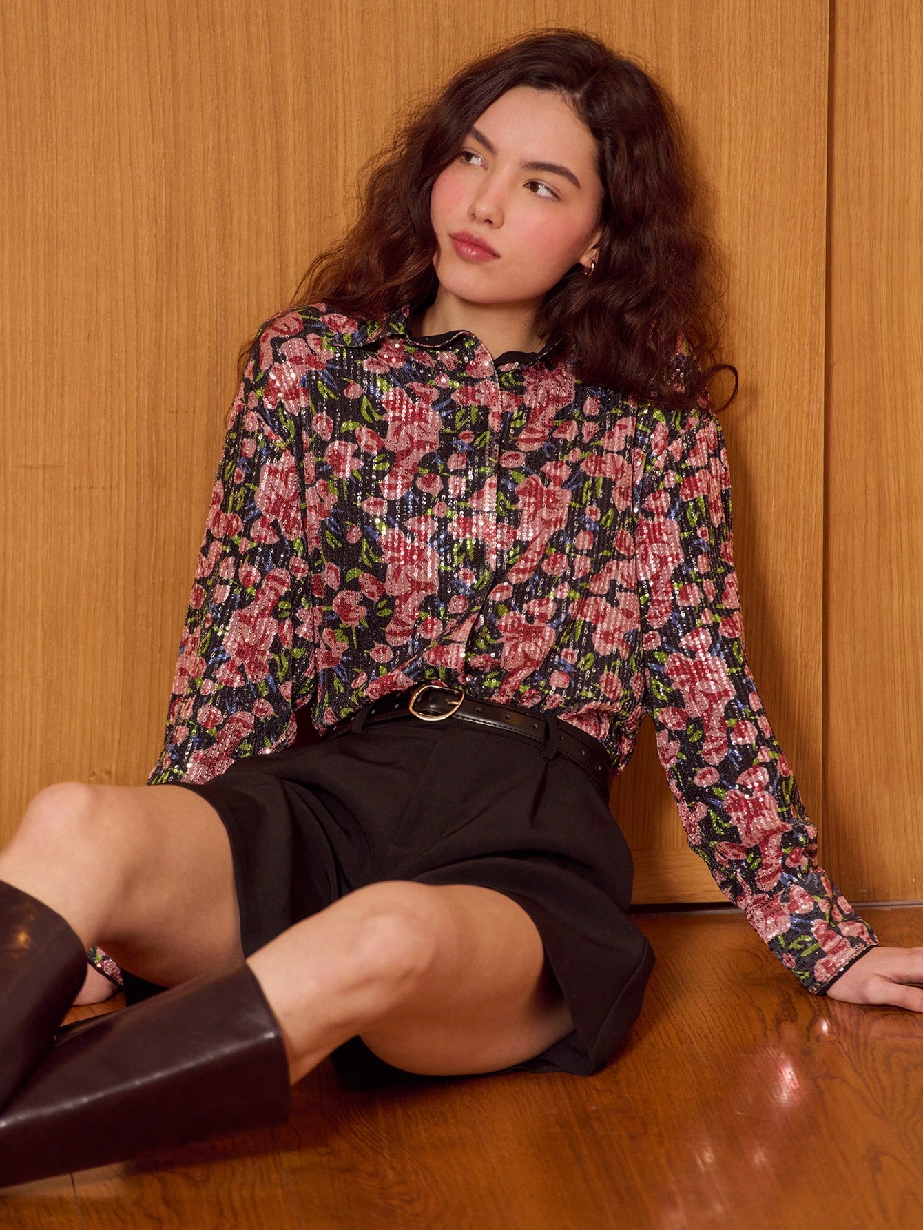 Paillettenbluse mit Blumenmuster und langen Ärmeln für einen schicken Ausgeh-Look – perfekt für Partys, den Valentinstag, den französischen Stil oder den Pariser Stil.