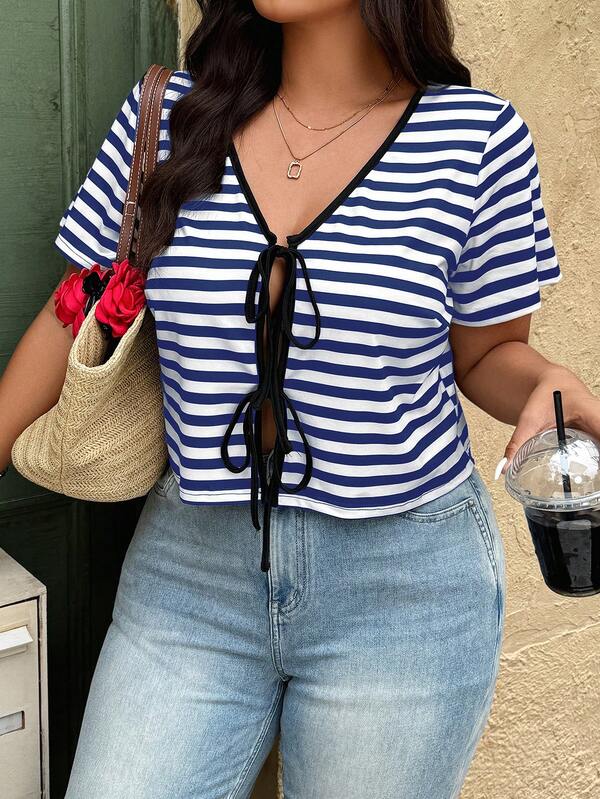 Weeklong Camiseta casual de manga corta con cuello en V y lazo frontal para mujer de talla grande, versátil para fiesta y uso diario