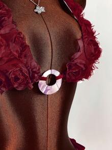 Amplova 女士3D立体花卉泳衣套装，性感优雅，适合情人节，挂脖可调节比基尼套装，时尚百搭 - 酒紅色 - 查看 7