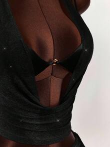 Amplova 女士性感简约纯色深V领露背露脐吊带上衣和抽绳褶皱短裤两件套，夏季 - 黑色 - 查看 10